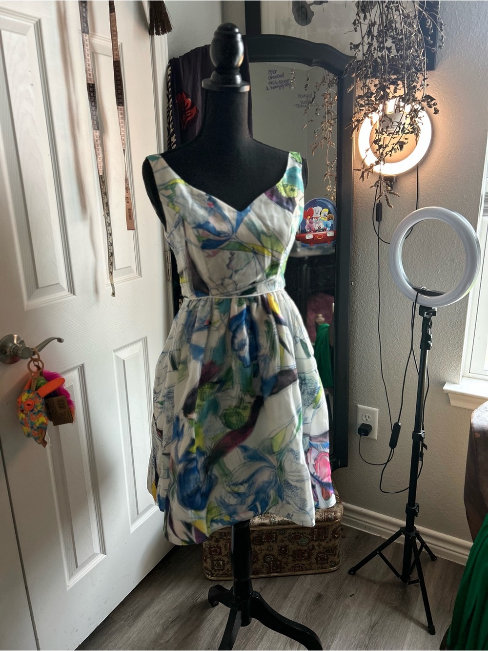 Everly abstract floral watercolor layered sleeveless a-line tea dress
